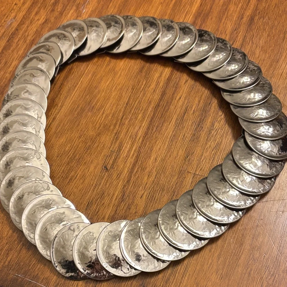 VINTAGE 1970s Stretch Silver Hammered Coin Snake Belt Boho Disco Glamour‎ >28”
